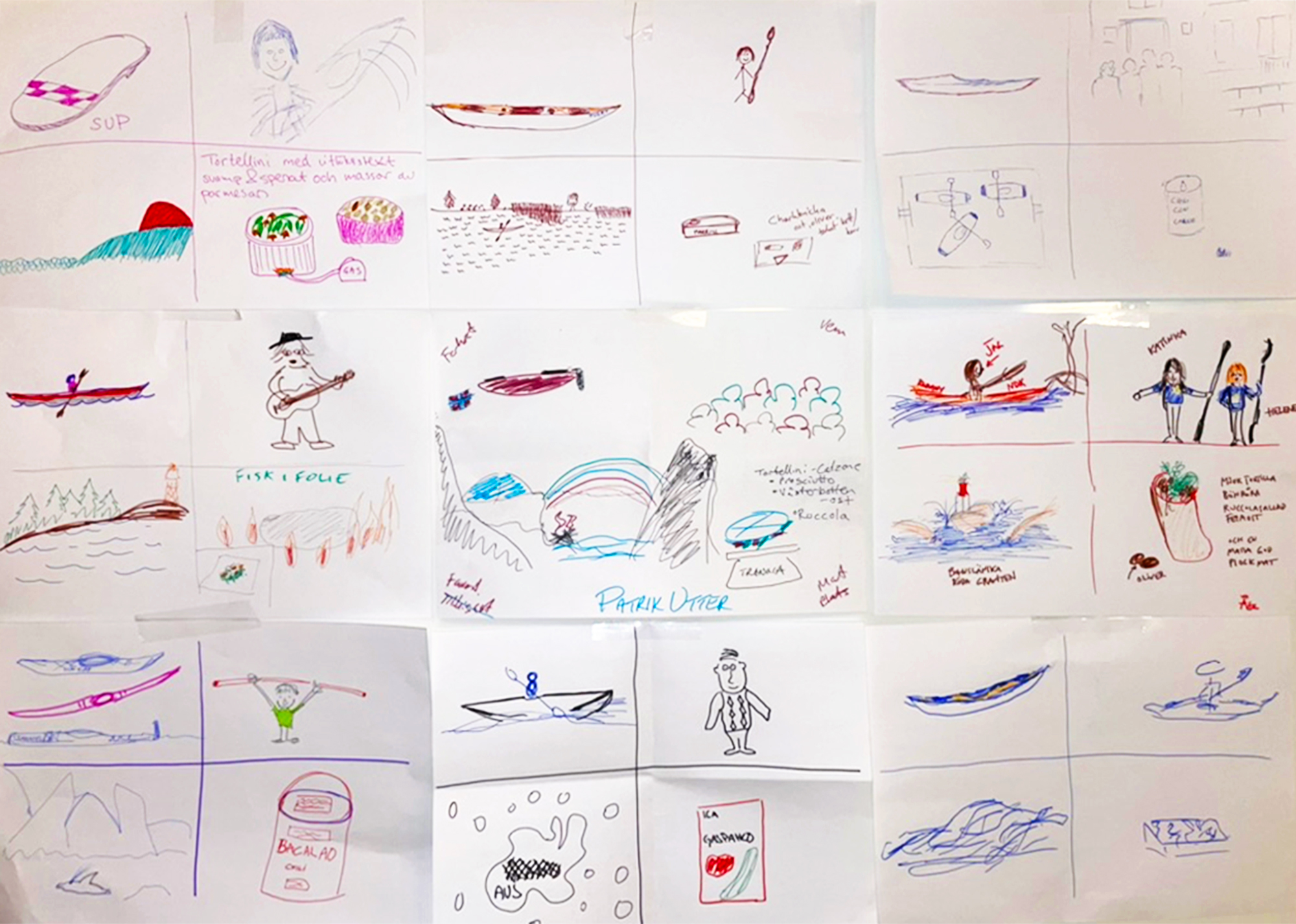Teckningar från deltagarna på Kanotkonventet 2023, där de ritat sin favoritfarkost, sin favoritplats att paddla på, sin favoritmat på turen och den de helst skulle vilja paddla med.