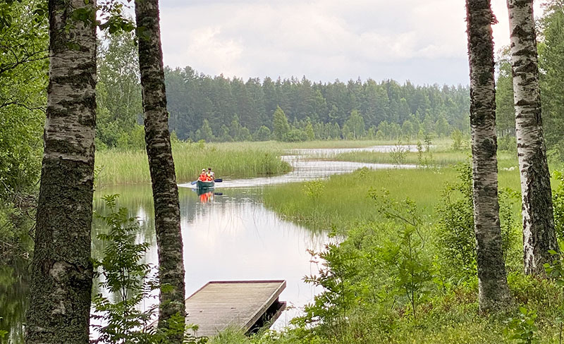 Miljöbild drakbåt på sjö med skog i bakgrunden